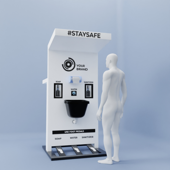 Hands-Free Foot Pedal Hand Washing and Sanitizing Kiosk